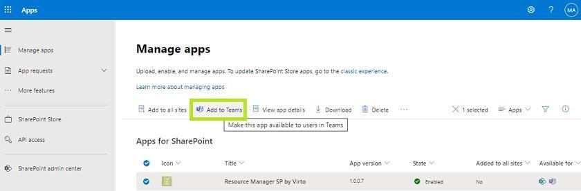 Selecting the Resource Manager app and clicking Add to Teams