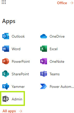 Navigating to Apps and Admin in the SharePoint Admin Center for Teams