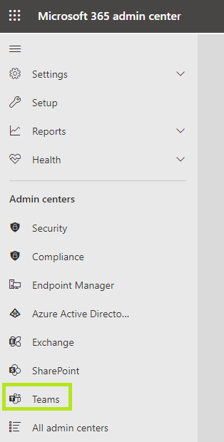 Locating the Teams admin center, which requires Teams administrator permission