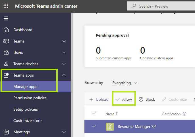 Finding the Resource Manager app under Teams Apps and Manage Apps