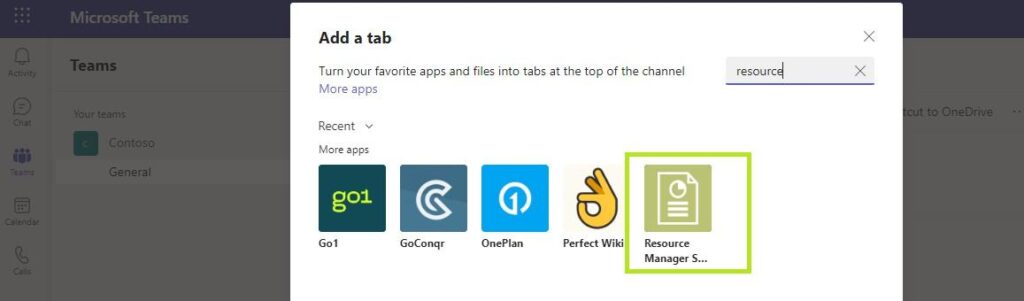 Configuring the new Resource Manager tab when adding it to a Teams channel
