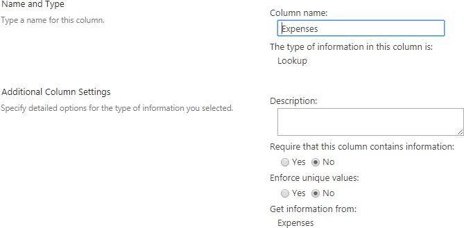 Lookup column in the John&rsquo;s expenses child list pointing to the parent Expenses list