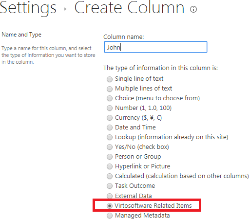 Creating a Virtosoftware Related items column named John in the parent Expenses list