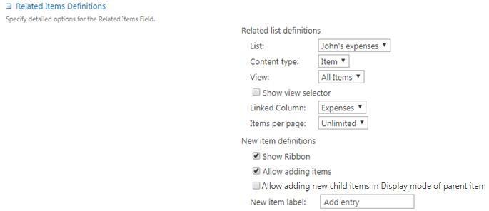 Default Related Items Definition settings for selecting the child list and lookup column