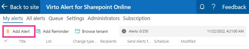 Add Alert button in the Virto Alerts & Reminders app on a SharePoint site