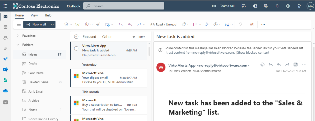 Email alert received in Microsoft Outlook after a new item is added to the list