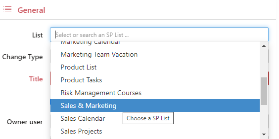 Choosing a SharePoint list or document library from the drop-down in the alert form