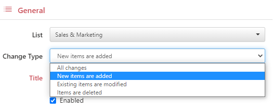 Selecting the change type that triggers the alert, such as New items are added