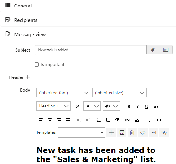 Message view step with subject and message body fields for the alert email