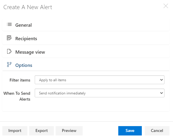 Options step set to Send notification immediately for the new alert