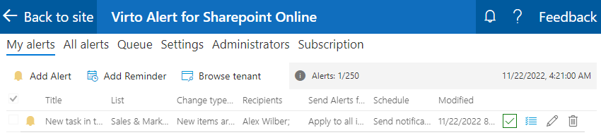 Newly created alert shown in the My alerts list in Virto Alerts & Reminders