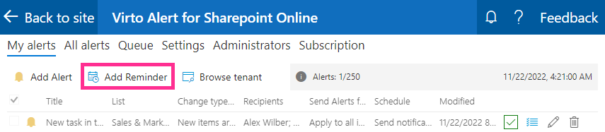 Add Reminder button in the Virto Alerts & Reminders app on a SharePoint site