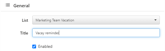 Specifying the title field for the new reminder in the General information step