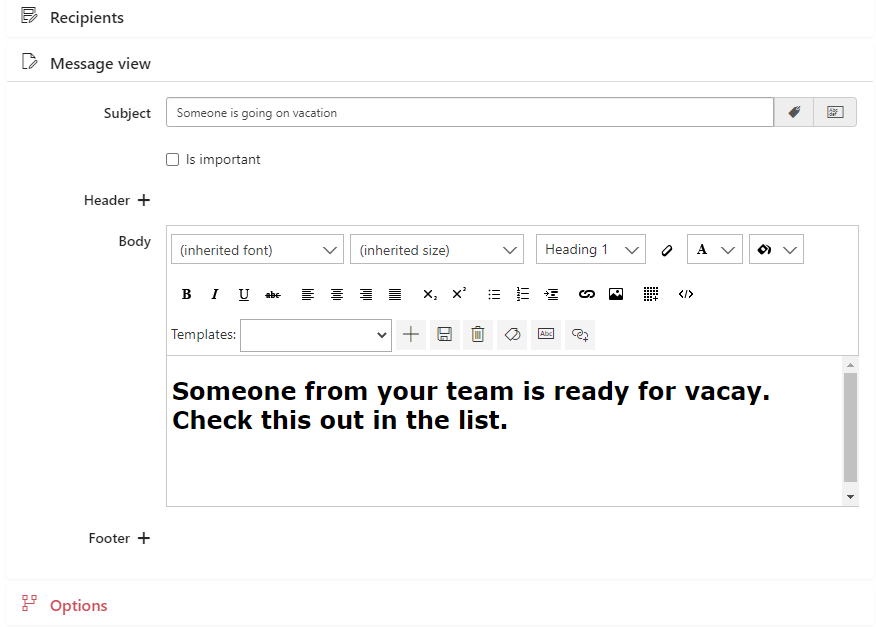 Message view step with subject and message body fields for the reminder email