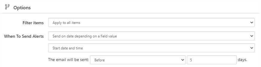 Sending options set to send the reminder five days before a field date value