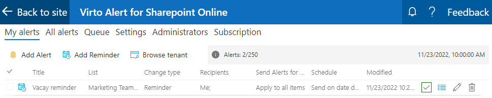 Newly created reminder shown in the My alerts list in Virto Alerts & Reminders