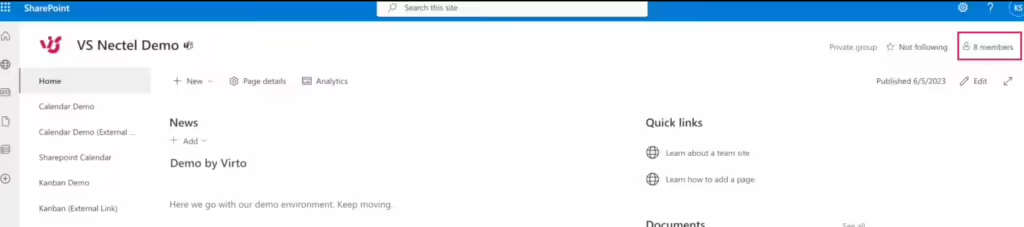Members button on a SharePoint site used to start sharing access to the Virto calendar