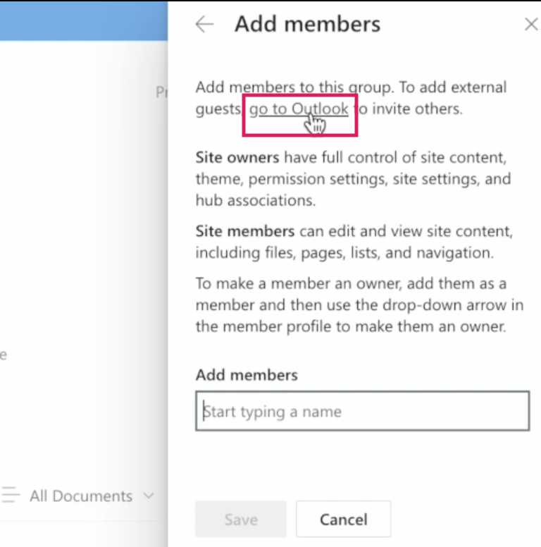 Add members pop-up with the go to Outlook hint on a SharePoint site