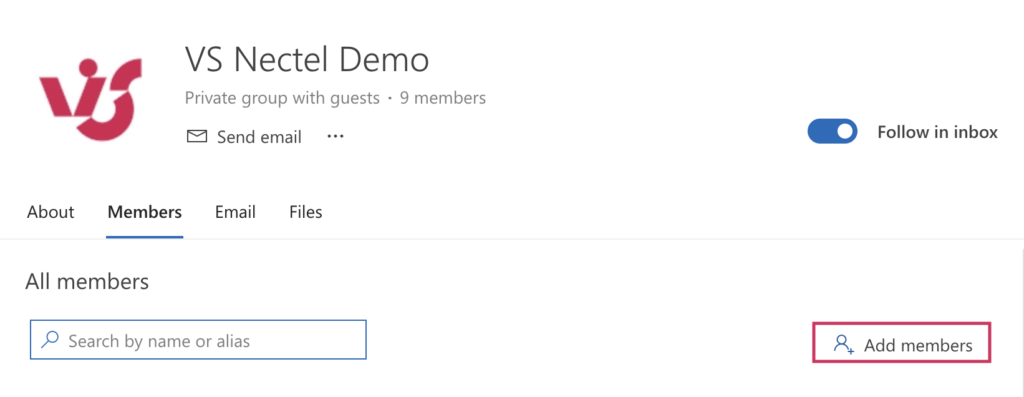 Add members button on the right side of the Outlook members panel