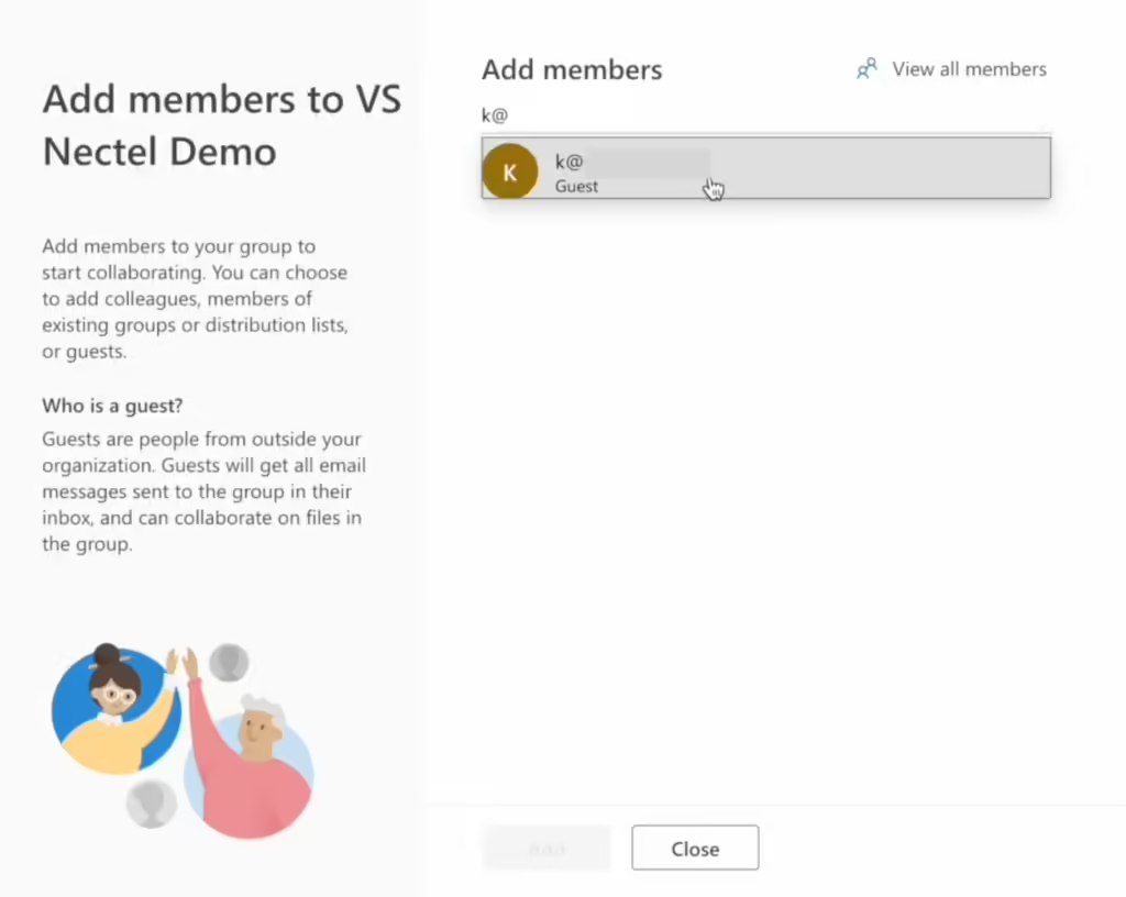 Entering an external user&rsquo;s email address before clicking Add to share the site
