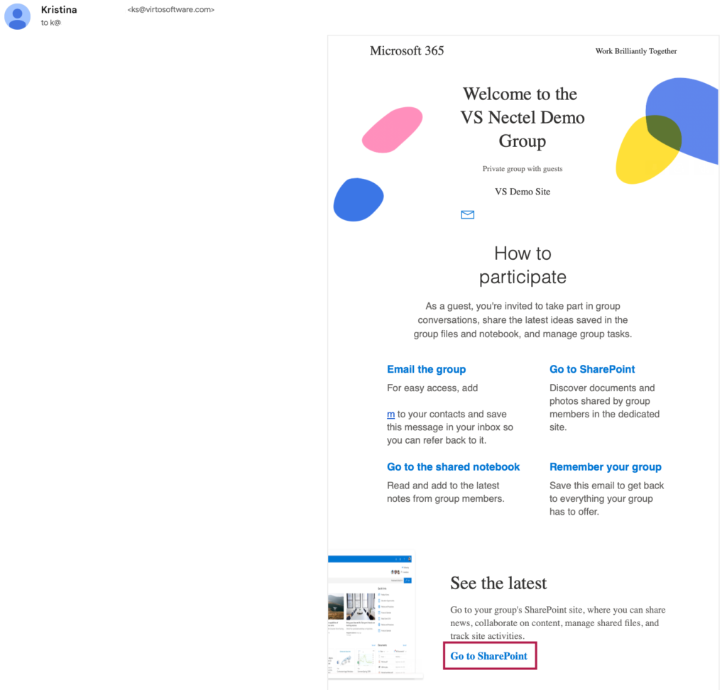 Email invitation with the Go to SharePoint button received by the external user