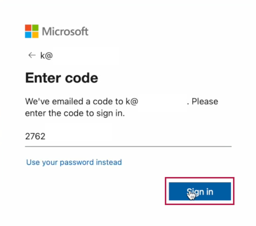 Microsoft sign-in step asking the external user for a single-use email verification code