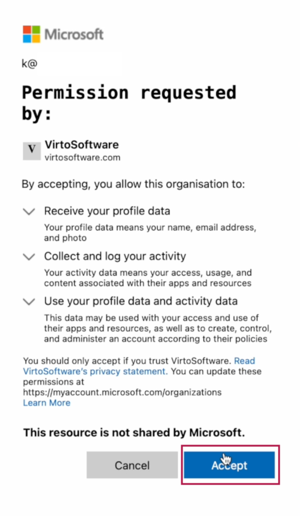 Permission request prompt the external user accepts to access the shared site