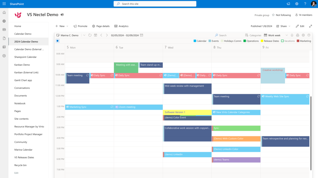 External user viewing the shared SharePoint site and its hosted Virto calendars