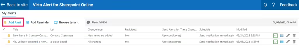 Add Alert button on the ribbon of the Virto Alerts and Reminder App