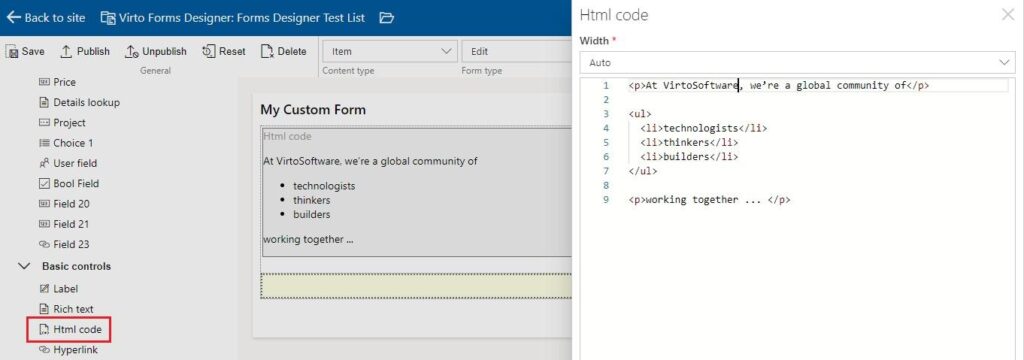 HTML control for adding interactive HTML-based content to a SharePoint form field