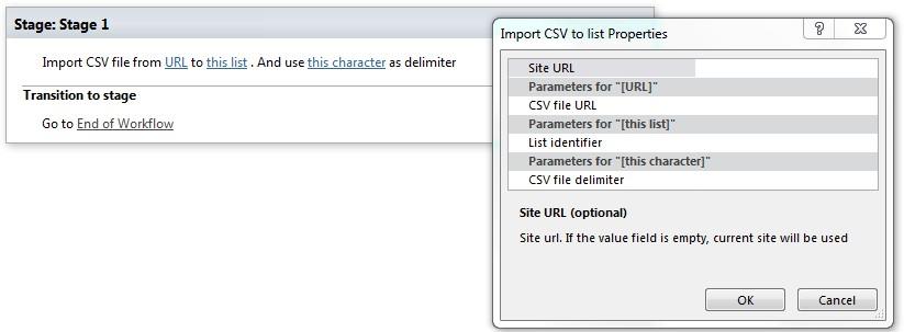Import CSV to List workflow activity properties in Virto Workflows for Office 365