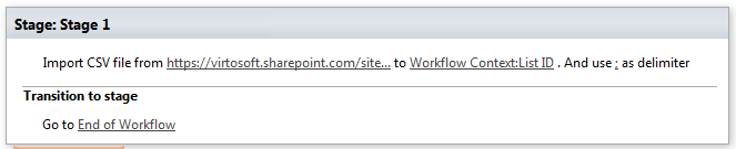 Example of the Import CSV to List activity importing records into a SharePoint list