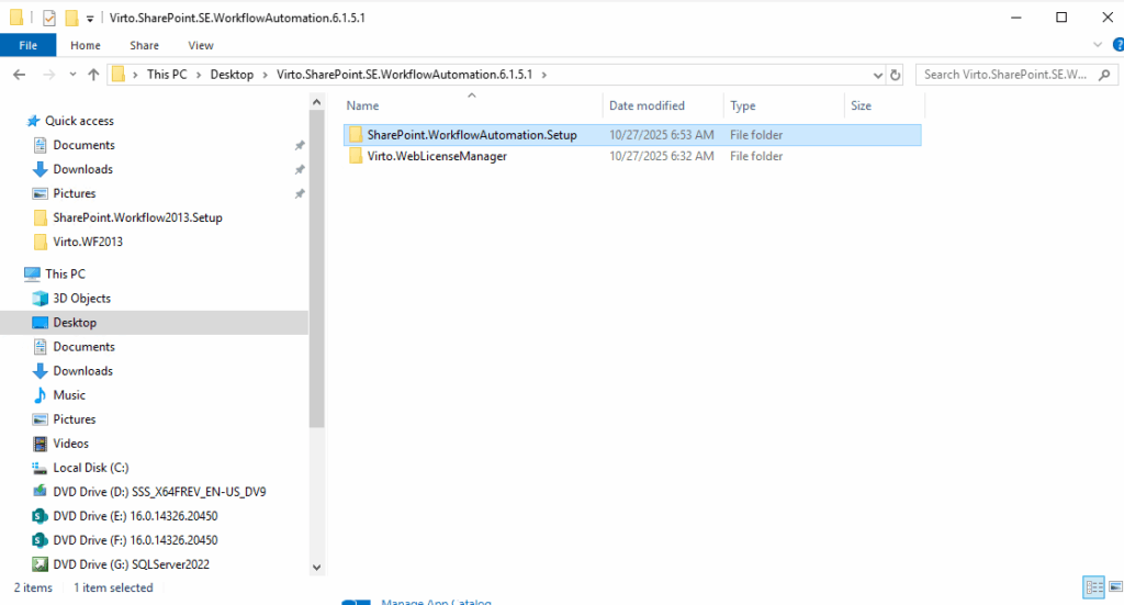 Unzipped Virto Workflow Automation download package showing the installation files in Windows Explorer