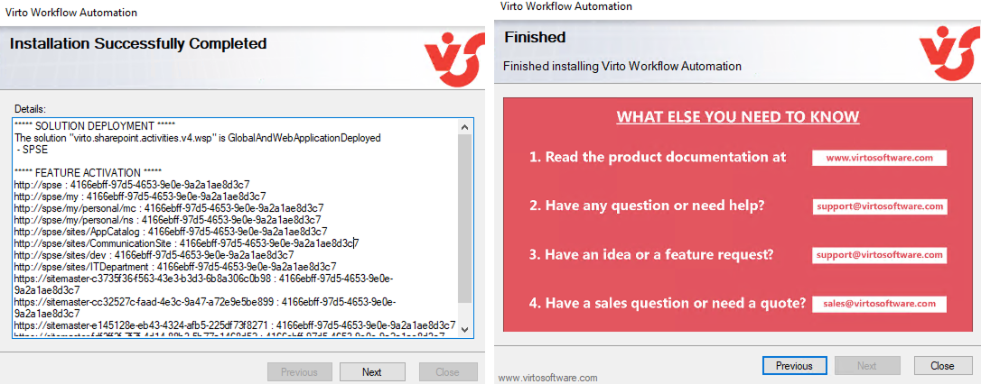 Installation complete screen of the Virto Workflow Automation setup wizard with the Close button