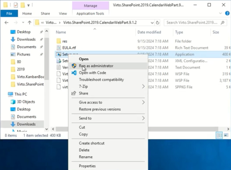 Running the Virto Calendar SPFx Setup.exe as administrator to upload the sppkg to the Tenant App Catalog