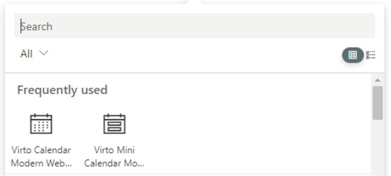 Choosing Virto Mini Calendar Modern web part when adding it to a SharePoint site page