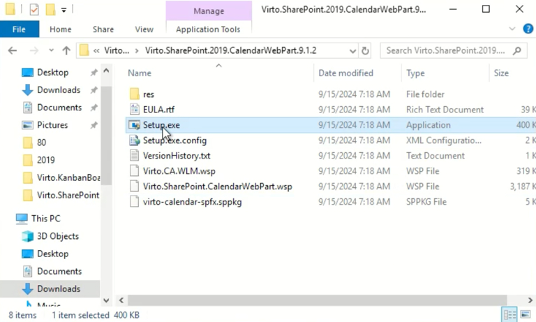 Running the extracted Setup file to launch the Virto Calendar web part installer