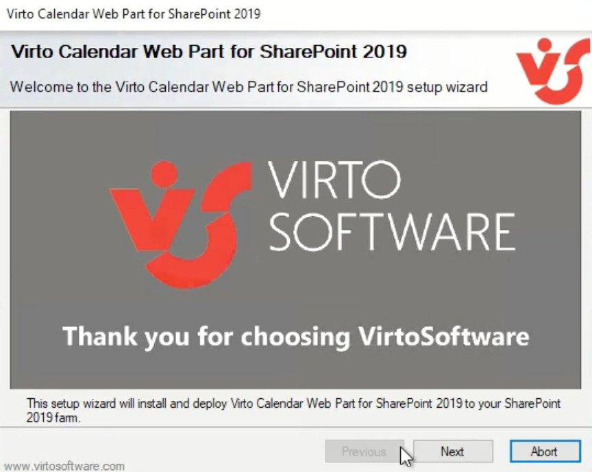 Welcome screen of the Virto Calendar web part setup wizard