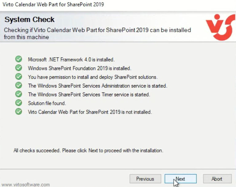 Virto Calendar setup wizard system check completed before installation, ready to click Next