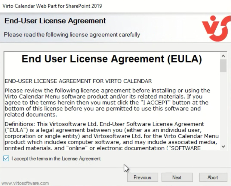 Accepting the License Agreement checkbox in the Virto Calendar setup wizard