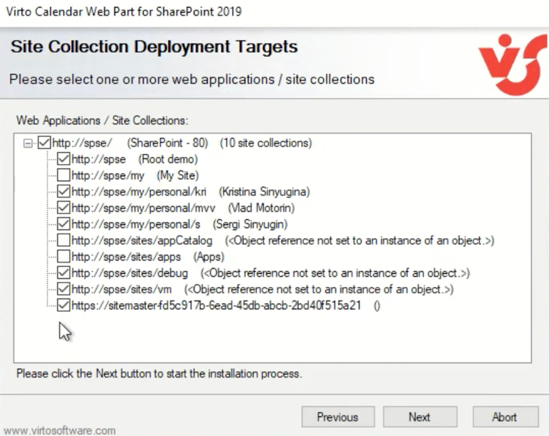 Selecting the web applications and site collections to install the Virto Calendar web part on