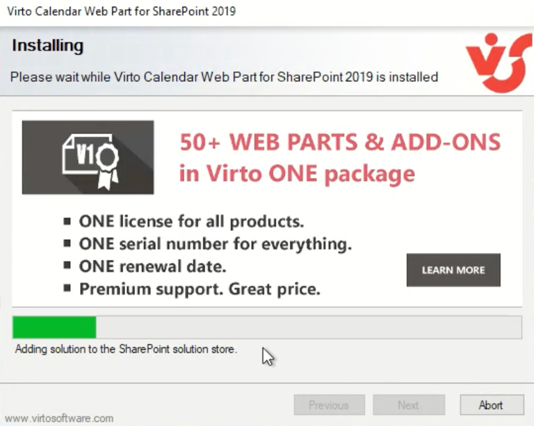 Virto Calendar web part installation progress in the setup wizard