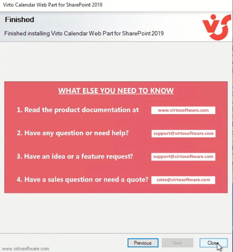 Final Virto Calendar setup wizard screen with the Close button to complete installation