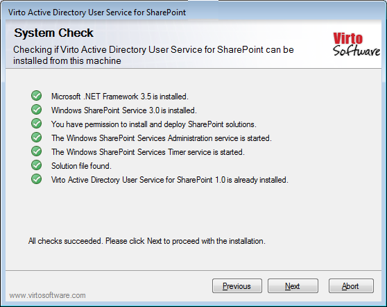System check step of the Virto Active Directory User Service installation wizard
