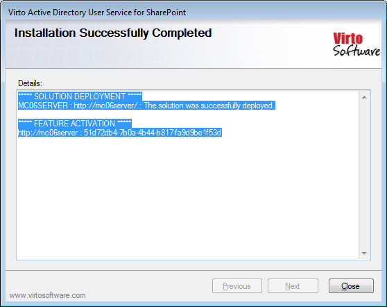 Final step of the Virto Active Directory User Service wizard with the Close button to finish installation