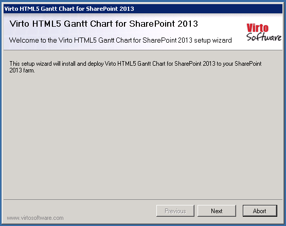 Opening screen of the Virto Gantt Web Part for SharePoint setup wizard