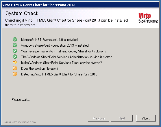 System check step of the Virto Gantt Web Part setup wizard with all checks completed