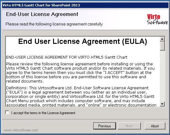 License Agreement step of the Virto Gantt Web Part setup wizard with the accept terms checkbox