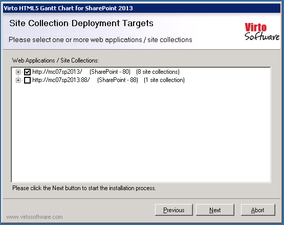 Selecting the web applications where the Virto Gantt Web Part will be installed