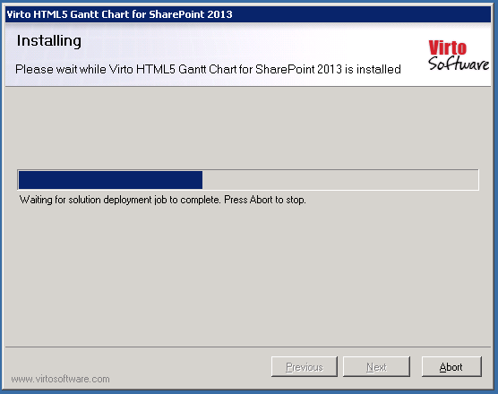 Installation progress step of the Virto Gantt Web Part setup wizard